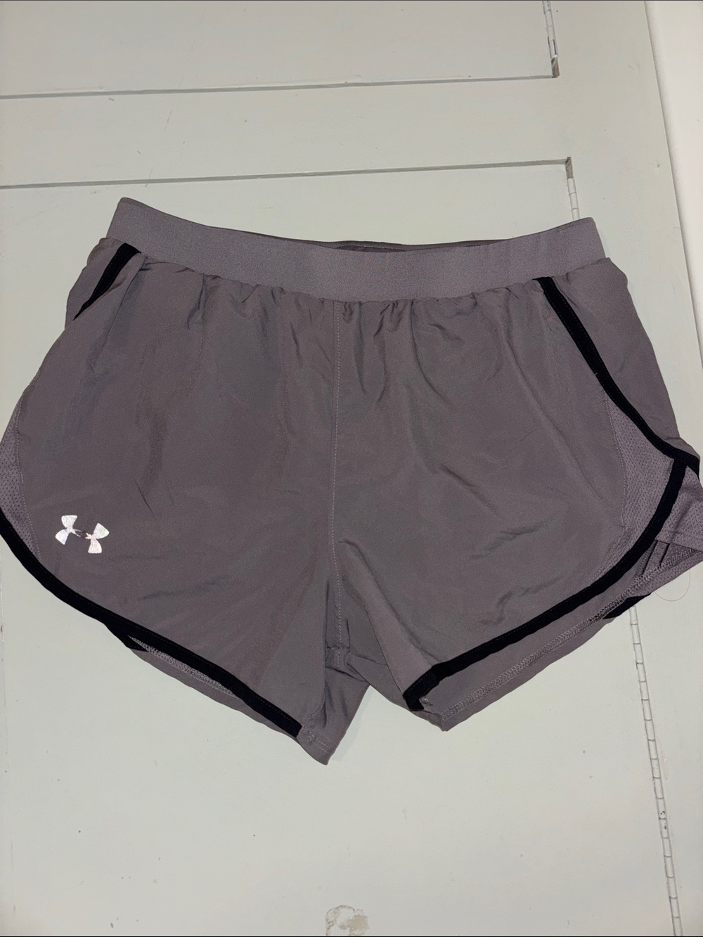 Under Armour Women’s Light Gray Athletic Shorts with Black Trim